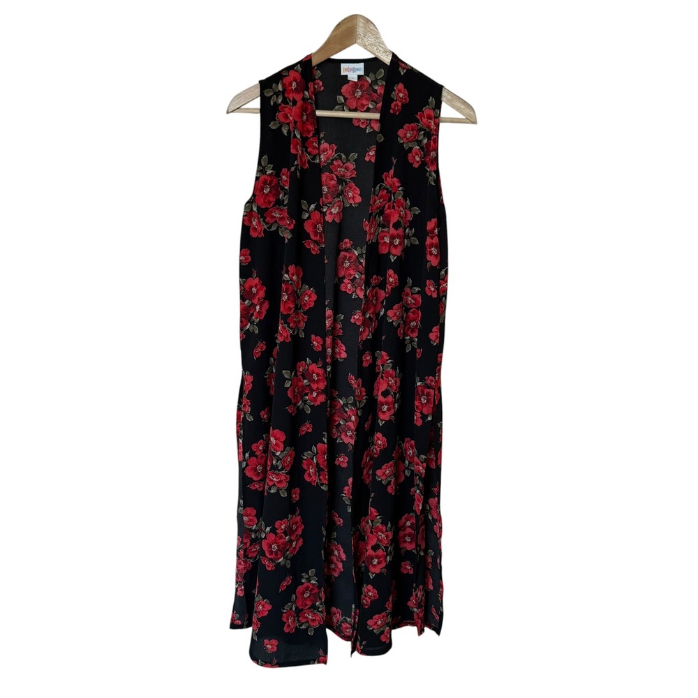 LuLaRoe Joy Vest Duster Womens S Black Red Floral NWT Longline Sleeveless Crepe